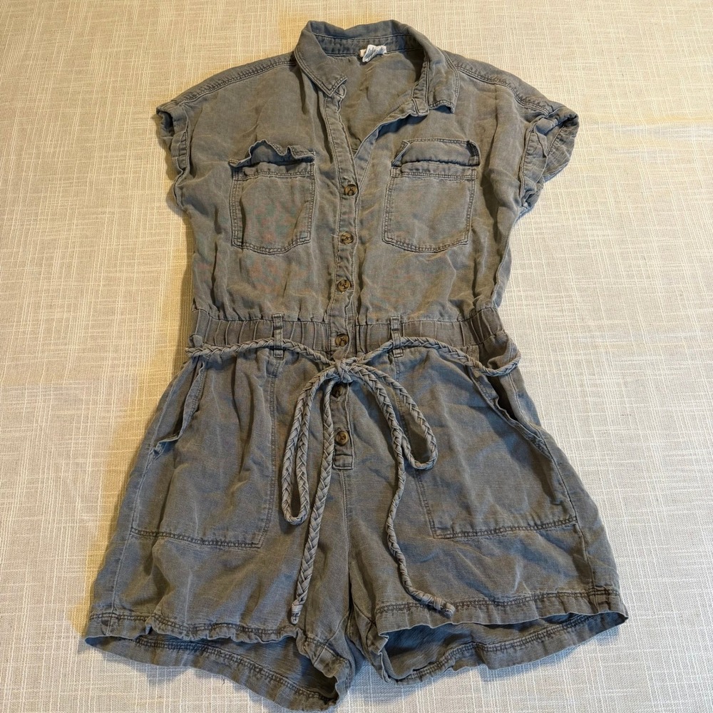 Nicole Miller New York Gray Linen Blend Utility Romper Short Sleeve XS